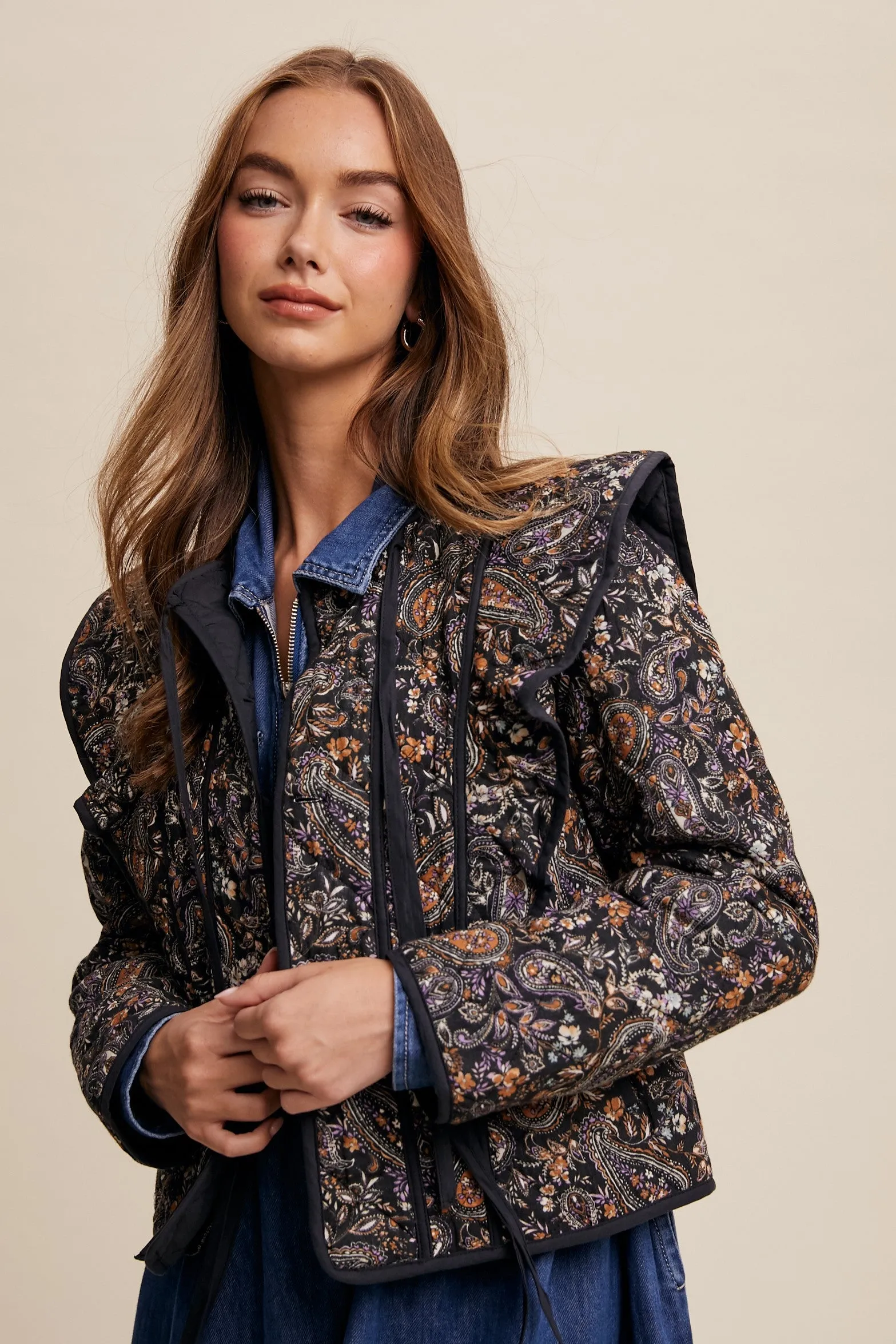 Black Paisley Tie Front Quilted Jacket