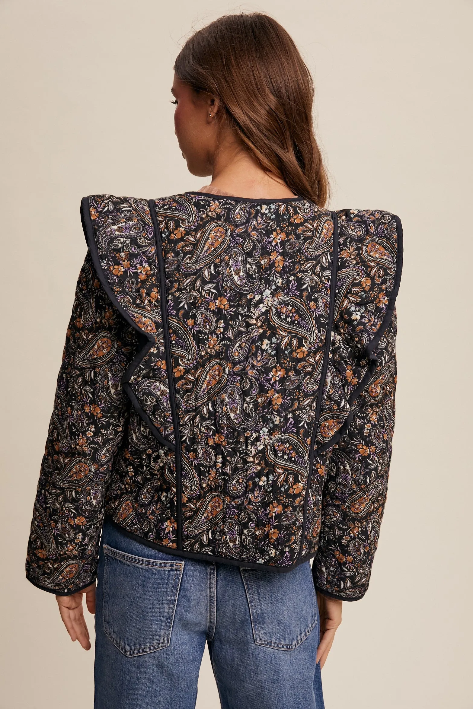Black Paisley Tie Front Quilted Jacket