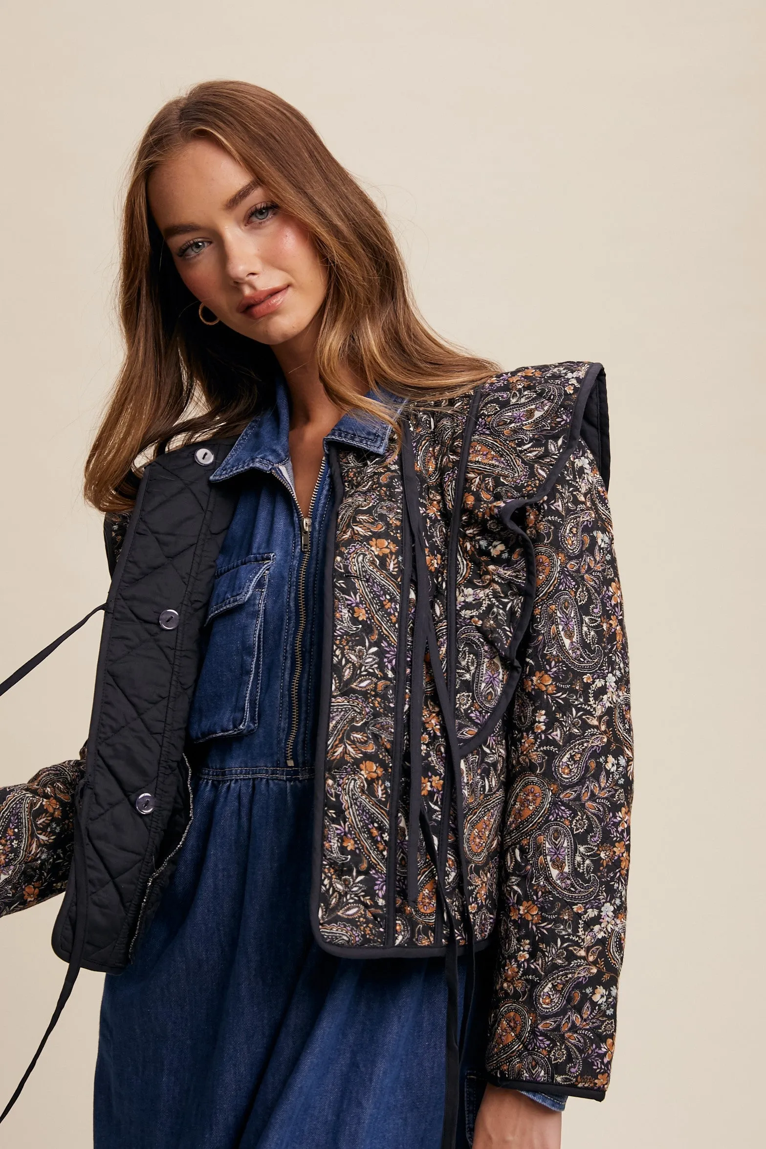 Black Paisley Tie Front Quilted Jacket