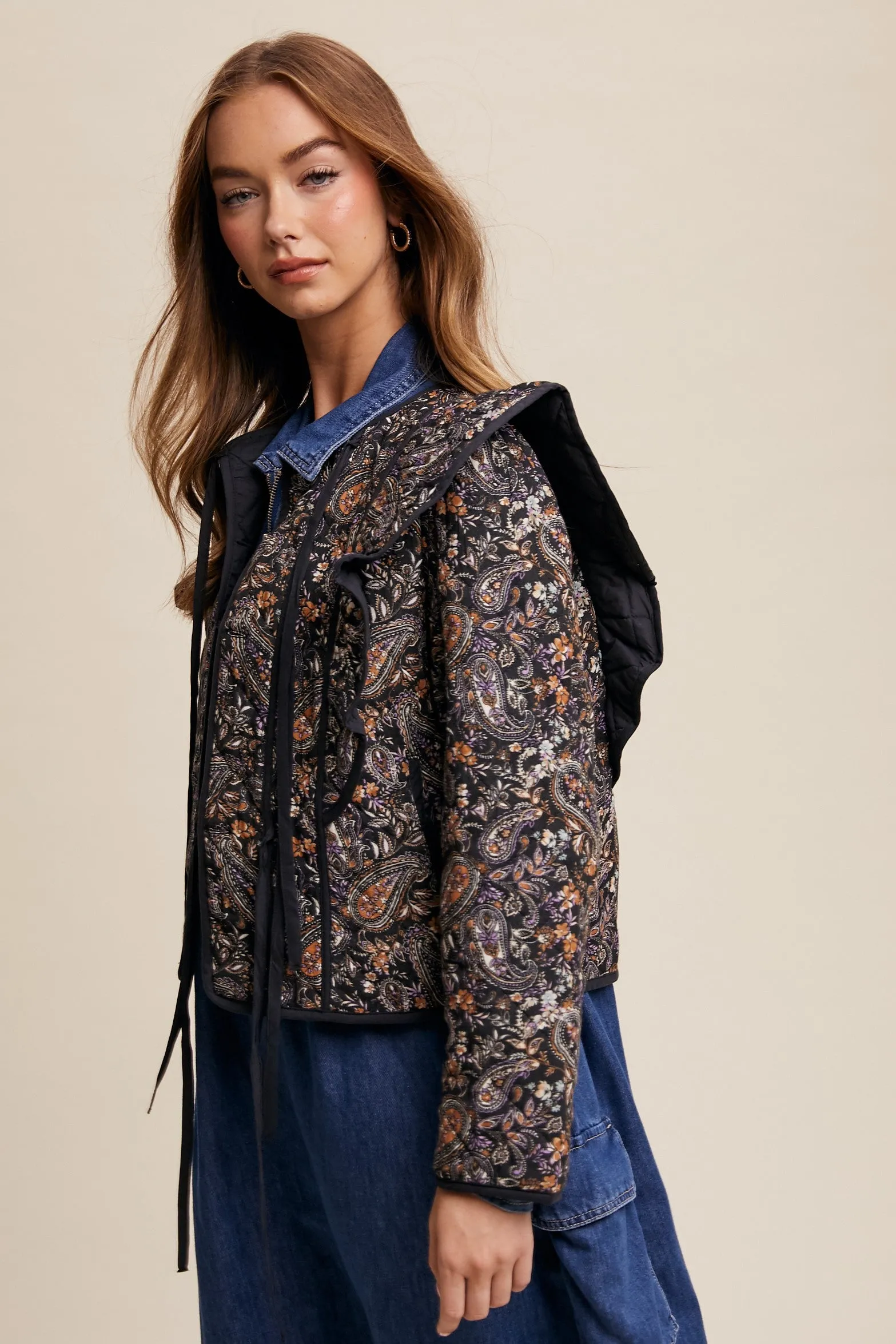 Black Paisley Tie Front Quilted Jacket