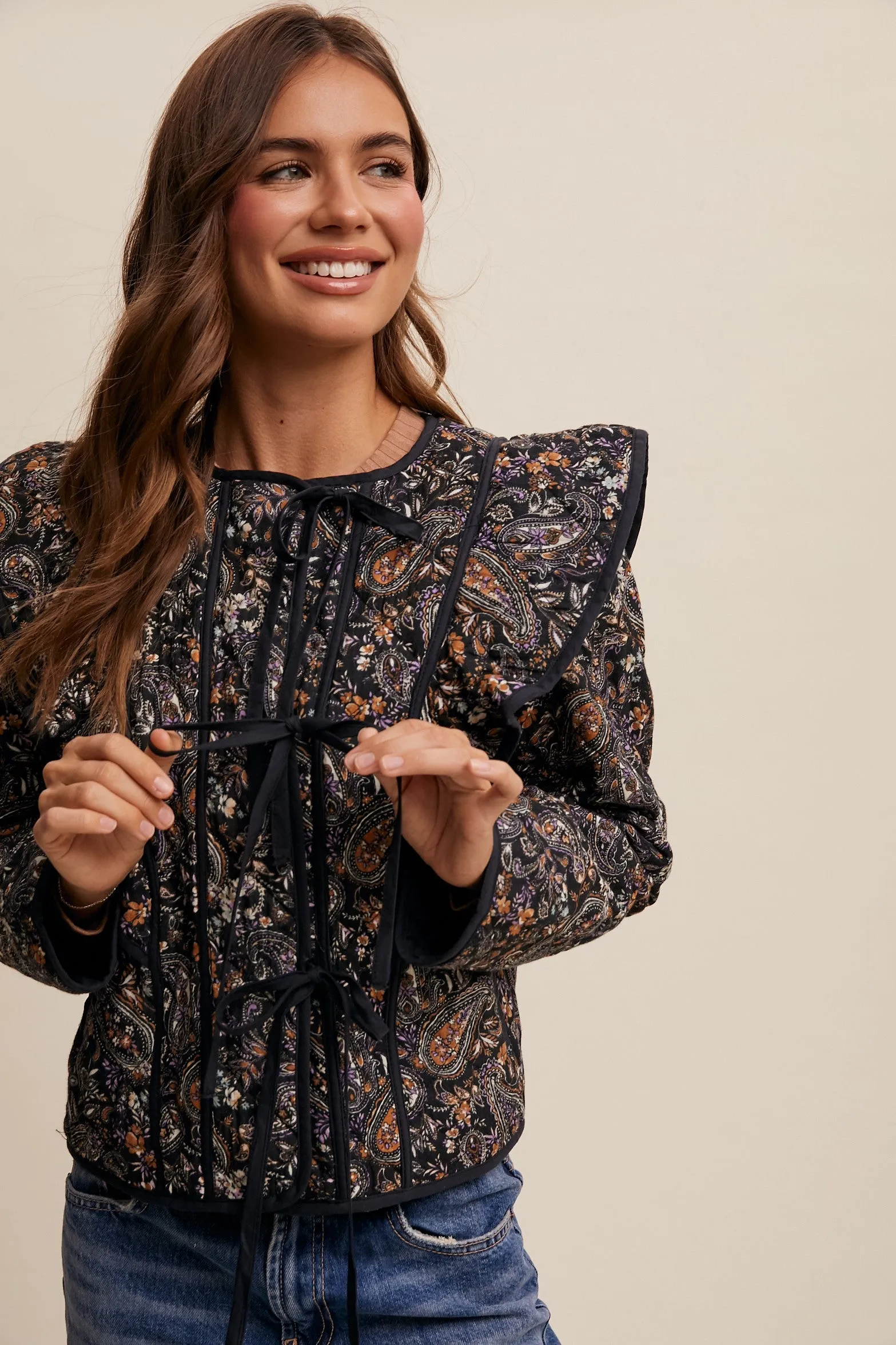 Black Paisley Tie Front Quilted Jacket
