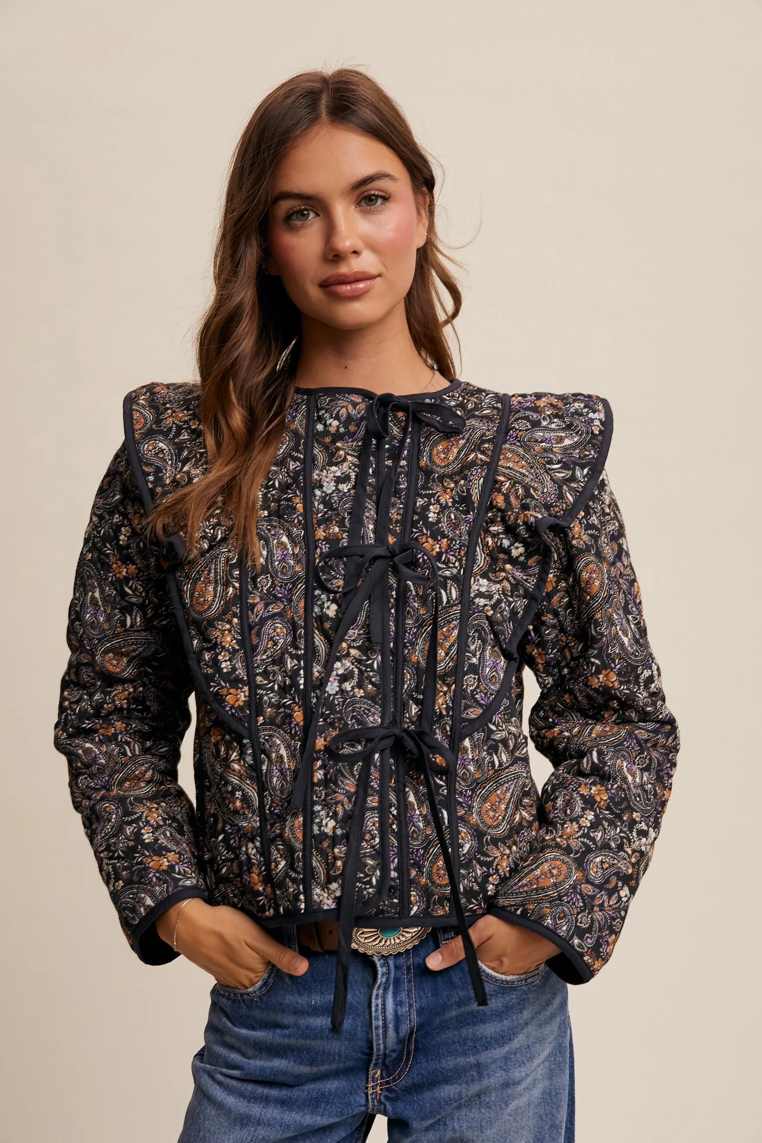 Black Paisley Tie Front Quilted Jacket