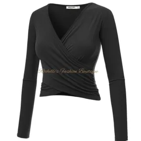 Black V Neck L/S Wrap Shirt