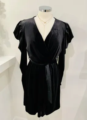 Black Velvet Puff Sleeve Wrap Dress