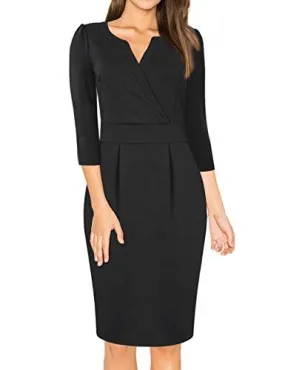 Black Women's V-Neck Work Business Bodycon Pencil Dress - MISSKY