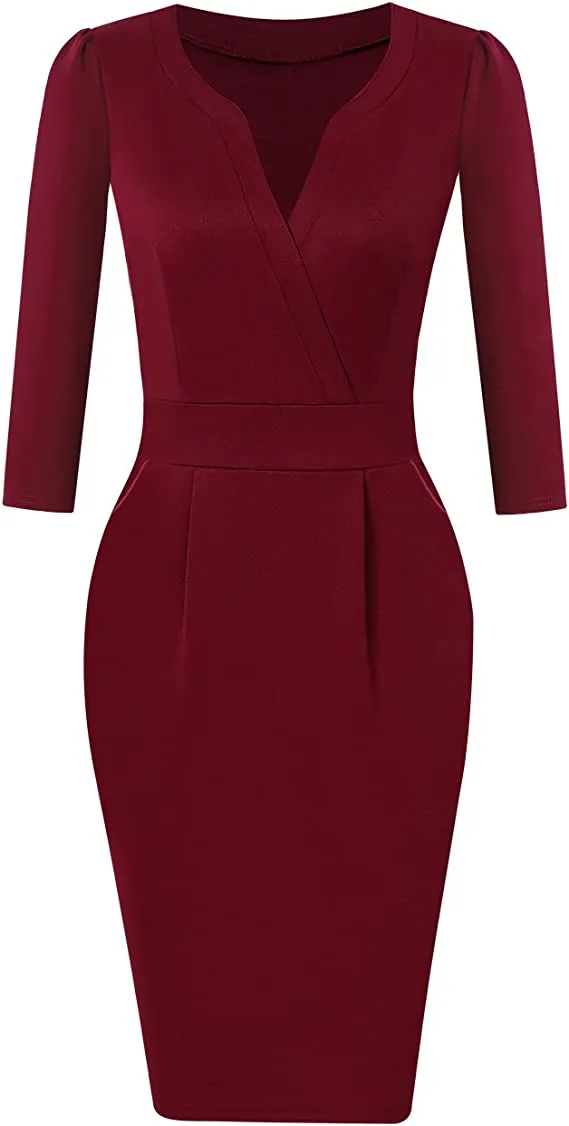 Black Women's V-Neck Work Business Bodycon Pencil Dress - MISSKY