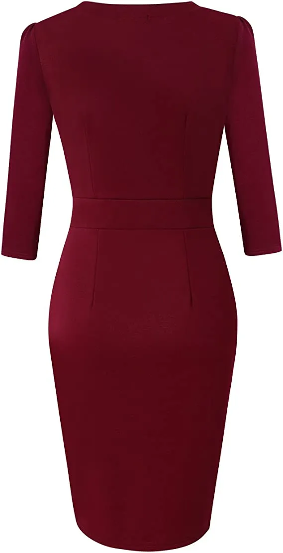 Black Women's V-Neck Work Business Bodycon Pencil Dress - MISSKY