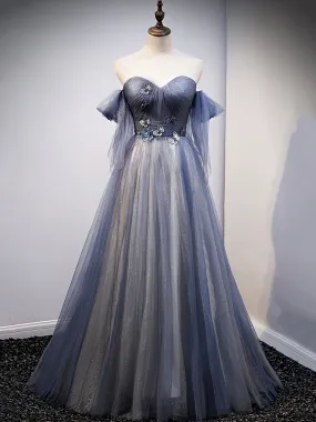Blue Sweetheart Tulle with Lace Party Dress Blue Long Formal Dress
