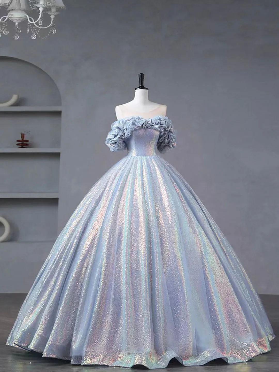 Blue Tulle Sequins Long Formal Dress Off the Shoulder Princess Dress Sweet 16 Dress