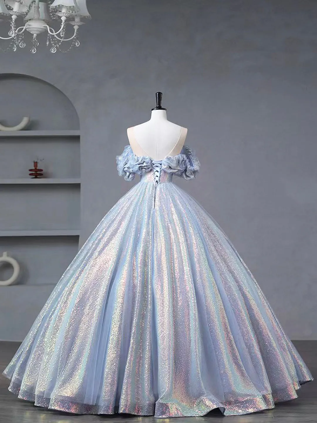 Blue Tulle Sequins Long Formal Dress Off the Shoulder Princess Dress Sweet 16 Dress