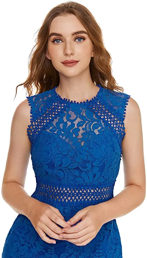 Blue Women's Sleeveless Scalloped Hem Fitted Floral Lace Bodycon Dress - Verdusa