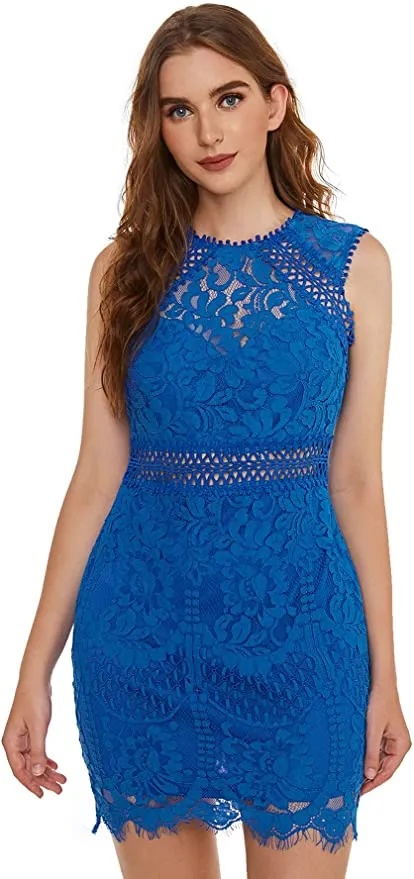 Blue Women's Sleeveless Scalloped Hem Fitted Floral Lace Bodycon Dress - Verdusa