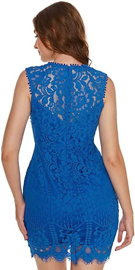 Blue Women's Sleeveless Scalloped Hem Fitted Floral Lace Bodycon Dress - Verdusa