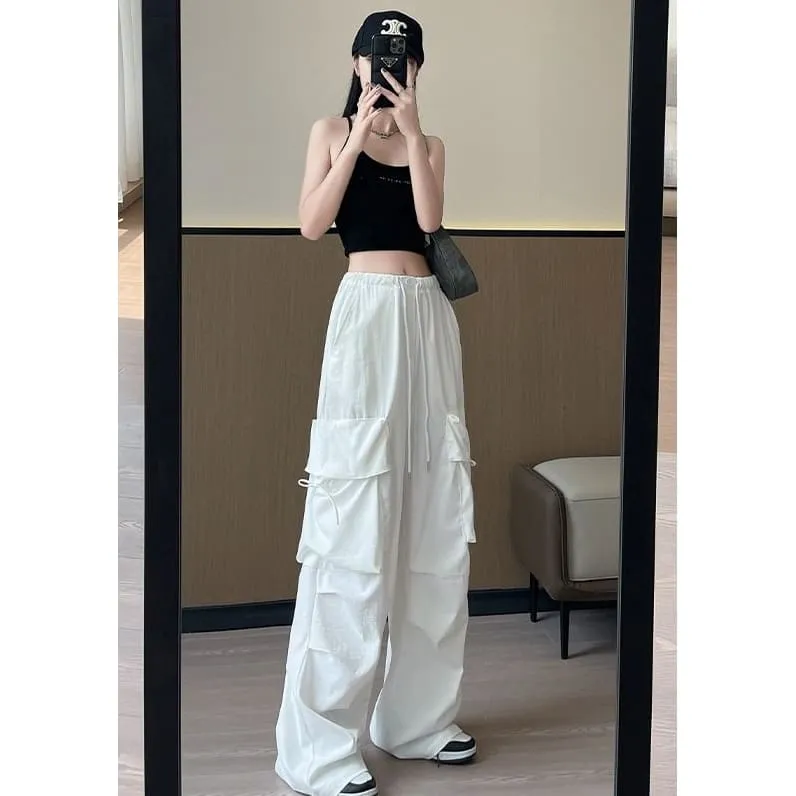 Bow Accent High Waist Plain Wide Leg Parachute Cargo Sweatpants