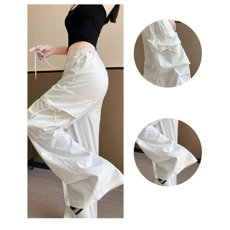 Bow Accent High Waist Plain Wide Leg Parachute Cargo Sweatpants