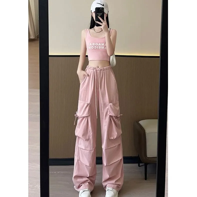 Bow Accent High Waist Plain Wide Leg Parachute Cargo Sweatpants