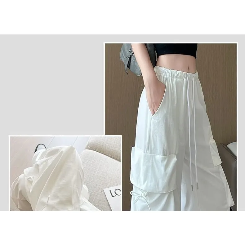 Bow Accent High Waist Plain Wide Leg Parachute Cargo Sweatpants
