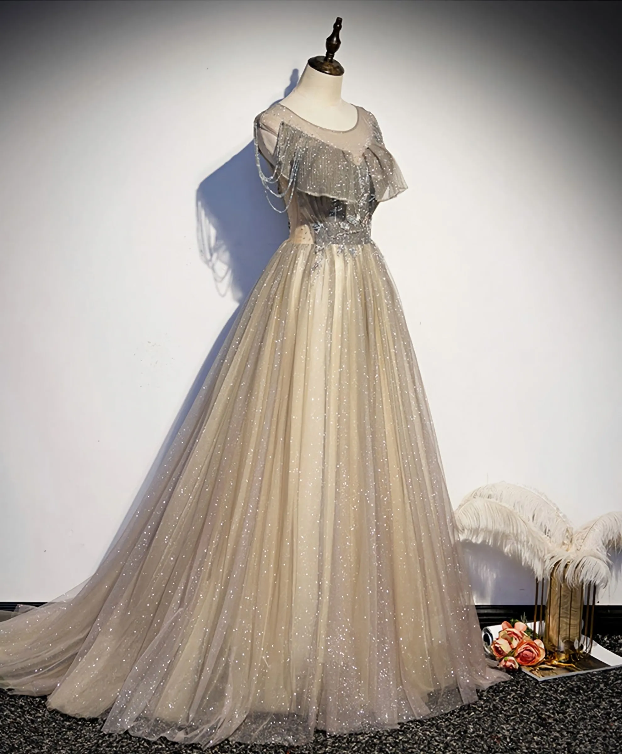 Champagne Round Neck Sequin Long Prom Dress, Tulle Formal Dress
