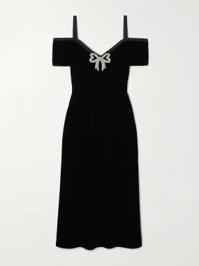 Clementine off-the-shoulder embellished velvet midi dress