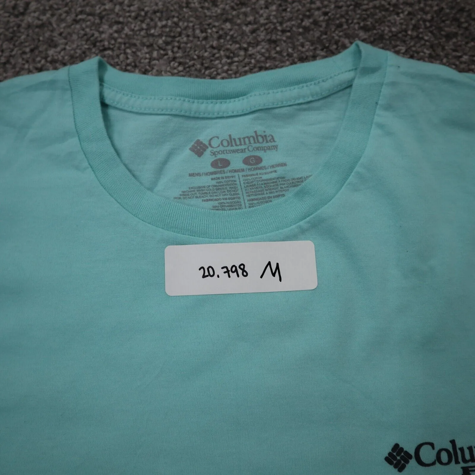 Columbia Mens T Shirt Top Back Graphic Tee 100% Cotton Short Sleeve Aqua Blue L