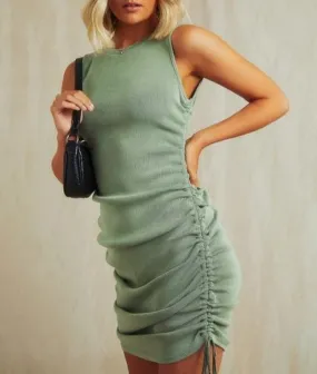 Cotton Ruched Drawstring Sleeveless Elastic Mini Dress Vintage