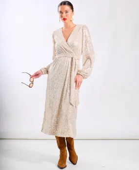 Cream Sequin Wrap Midi Dress