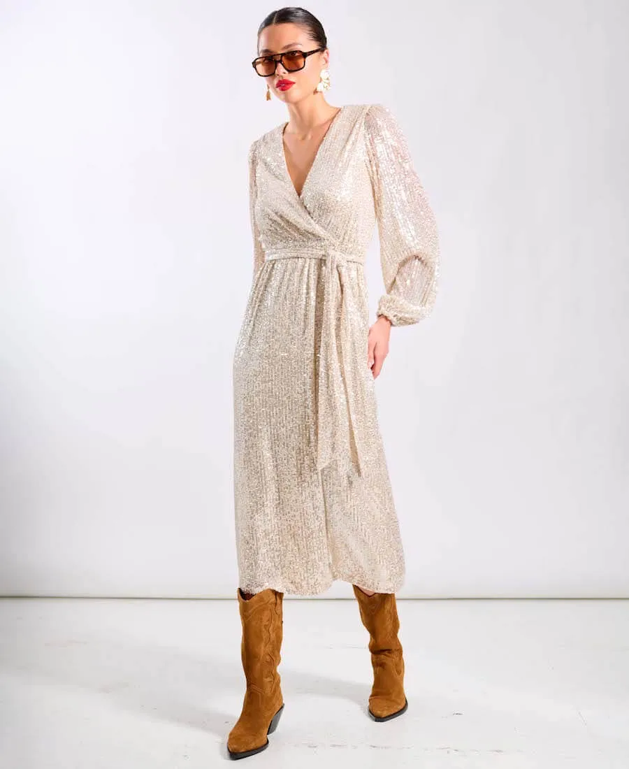 Cream Sequin Wrap Midi Dress
