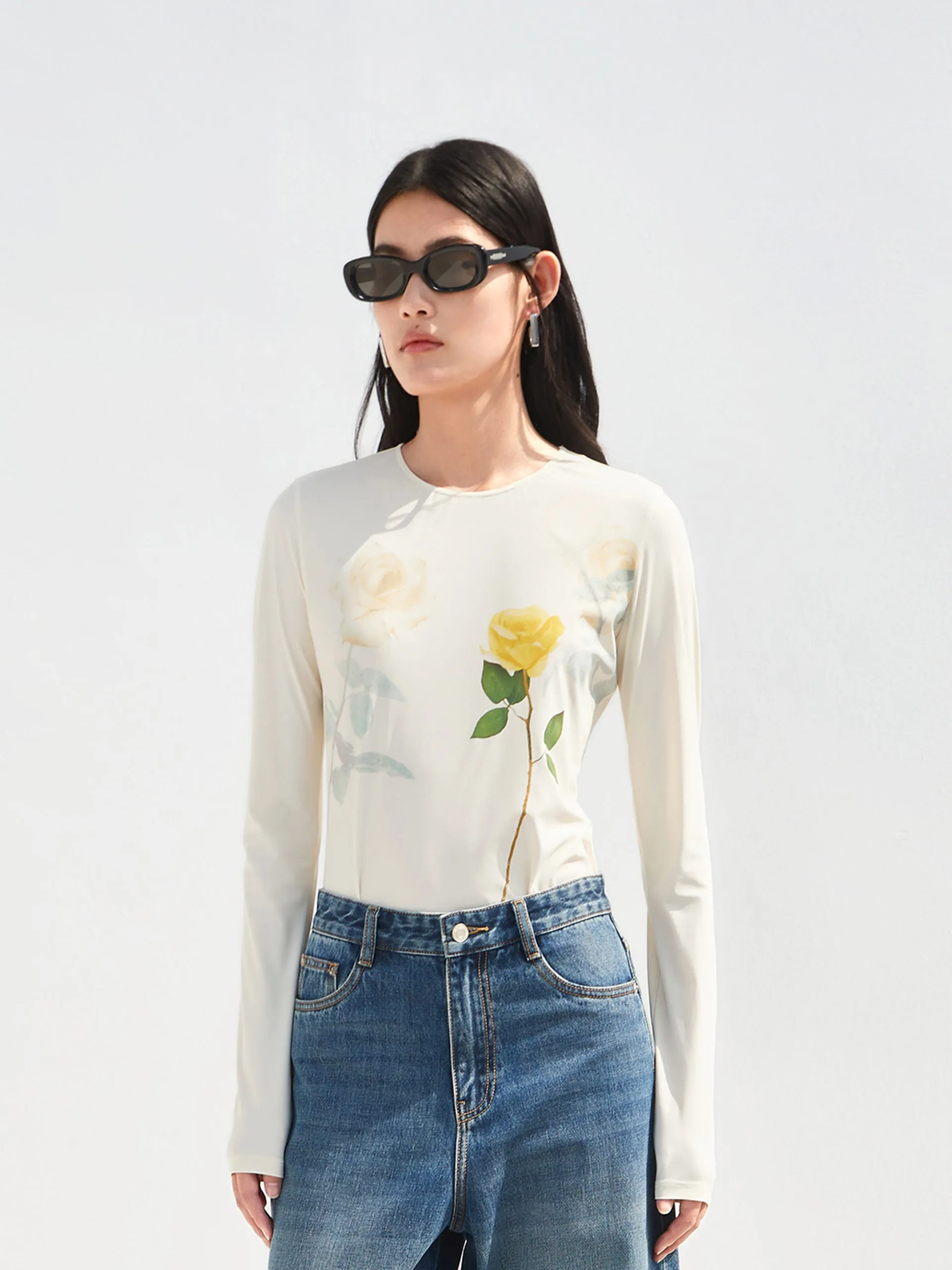 Crewneck Flower Pattern Top