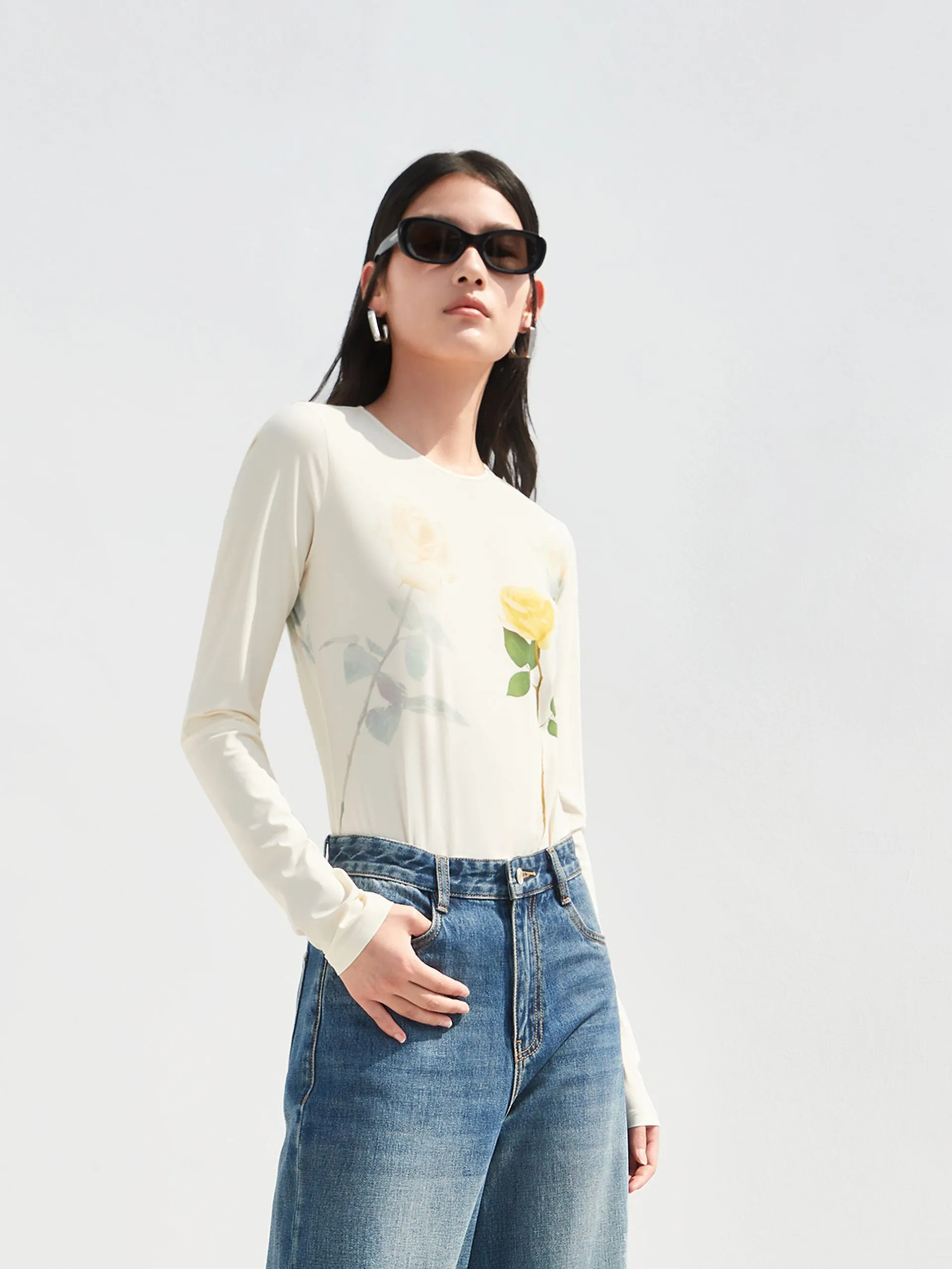 Crewneck Flower Pattern Top