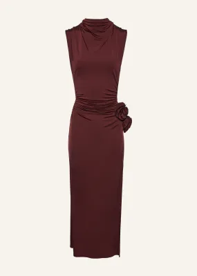 Draped high neck midi dress in burgundy