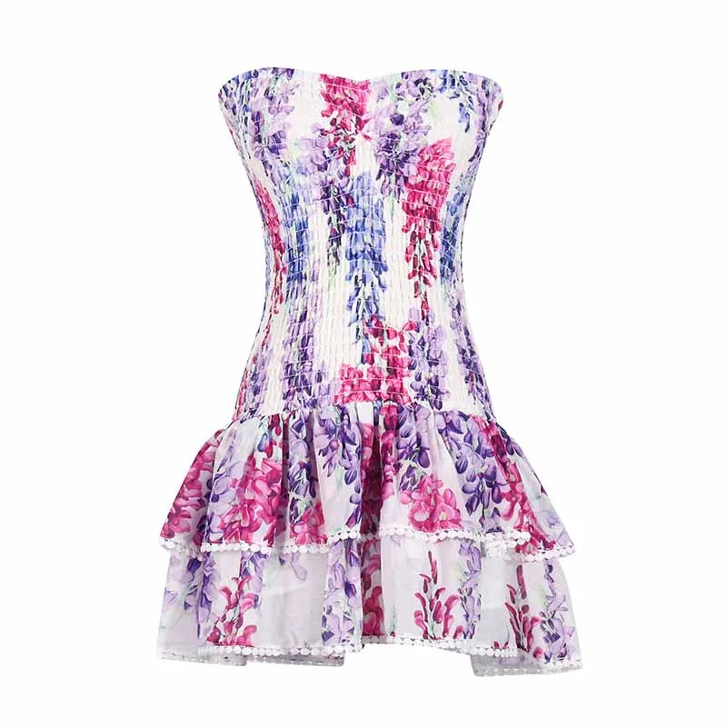 Embroidered Ruffled Floral Mini Dress Strapless Short Dress