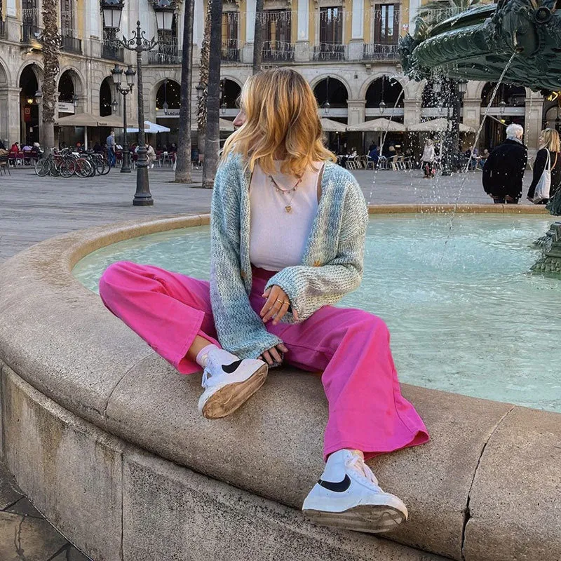 FashionSierra - Hot Pink Pants Jeans Y2k Baggy Women Straight Leg Denim Streetwear High Waist Women's Loose Pants