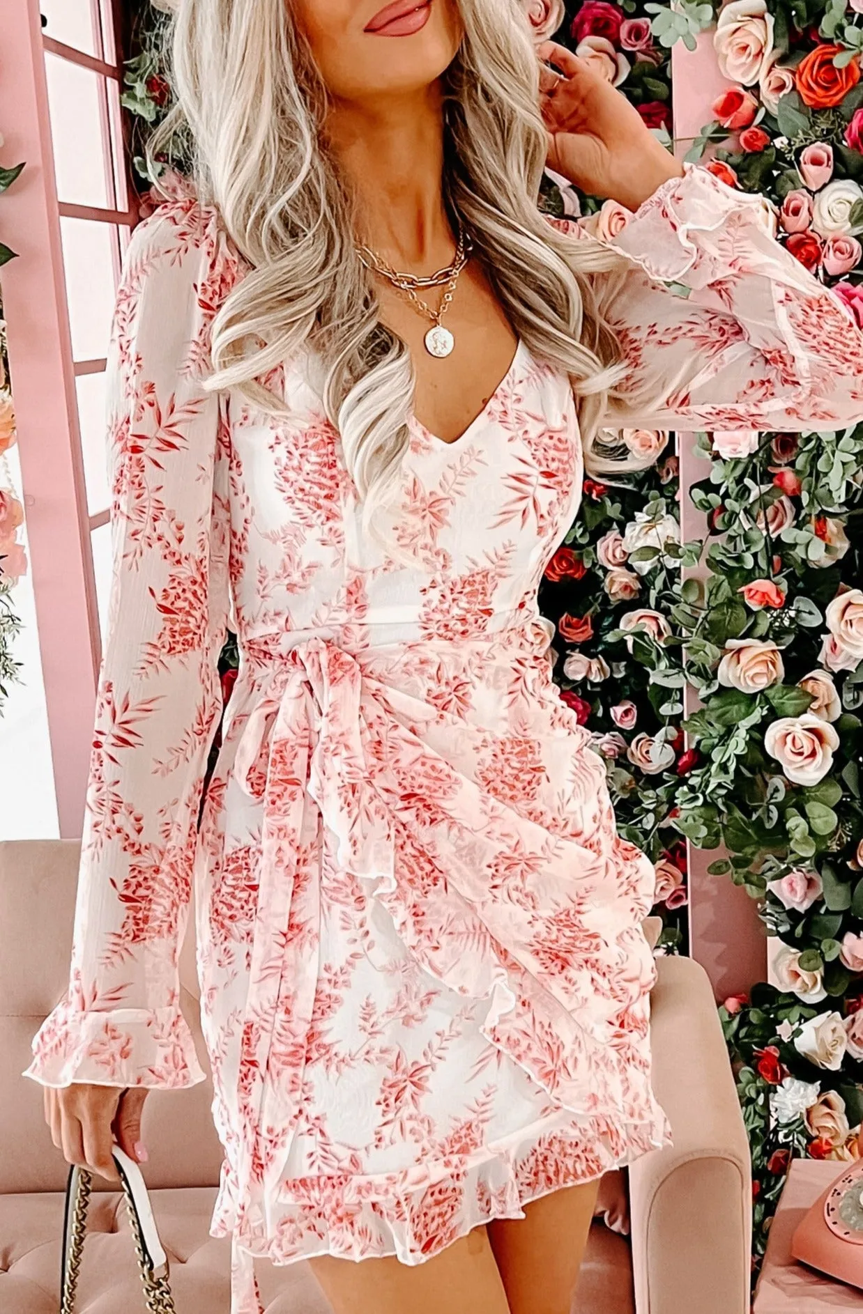 Fern Fancy Printed Faux Wrap Mini Dress (Pink)
