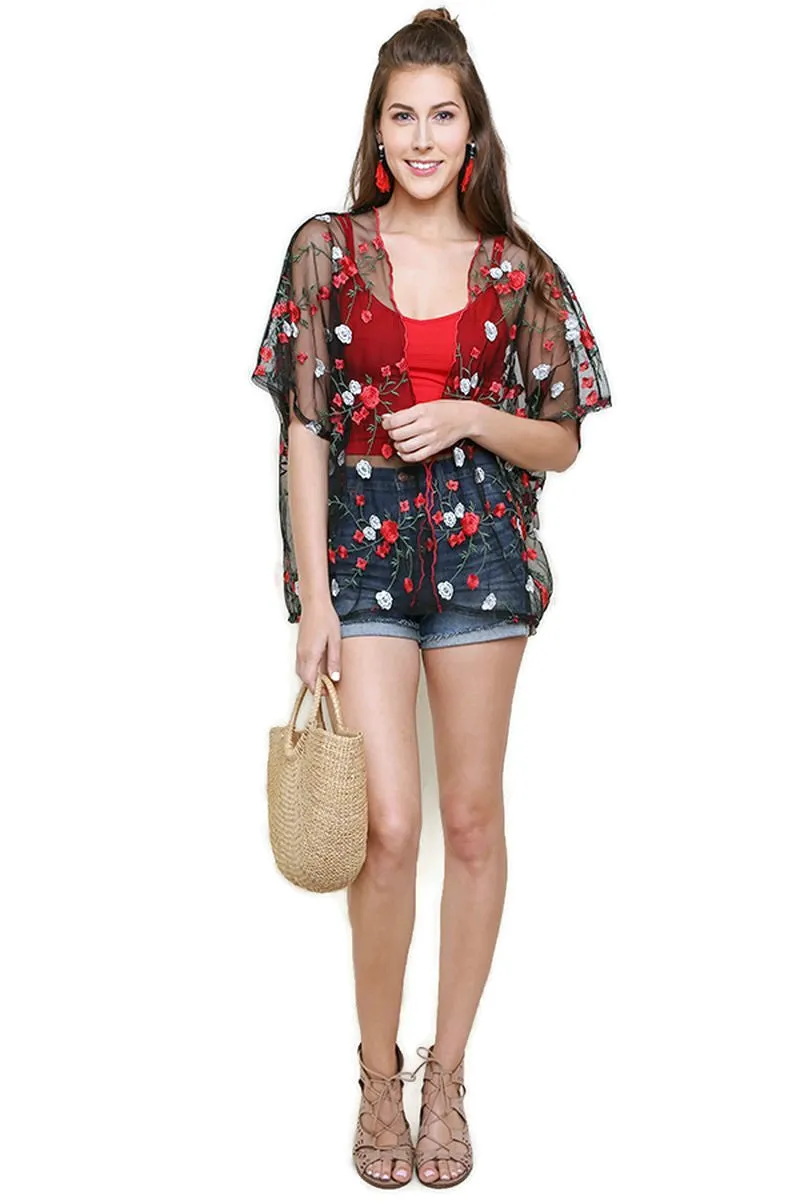 Floral Embroidered Sheer Kimono, Black