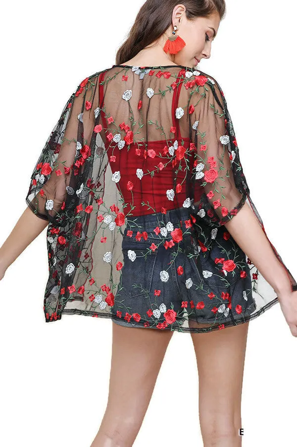 Floral Embroidered Sheer Kimono, Black