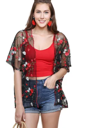 Floral Embroidered Sheer Kimono, Black