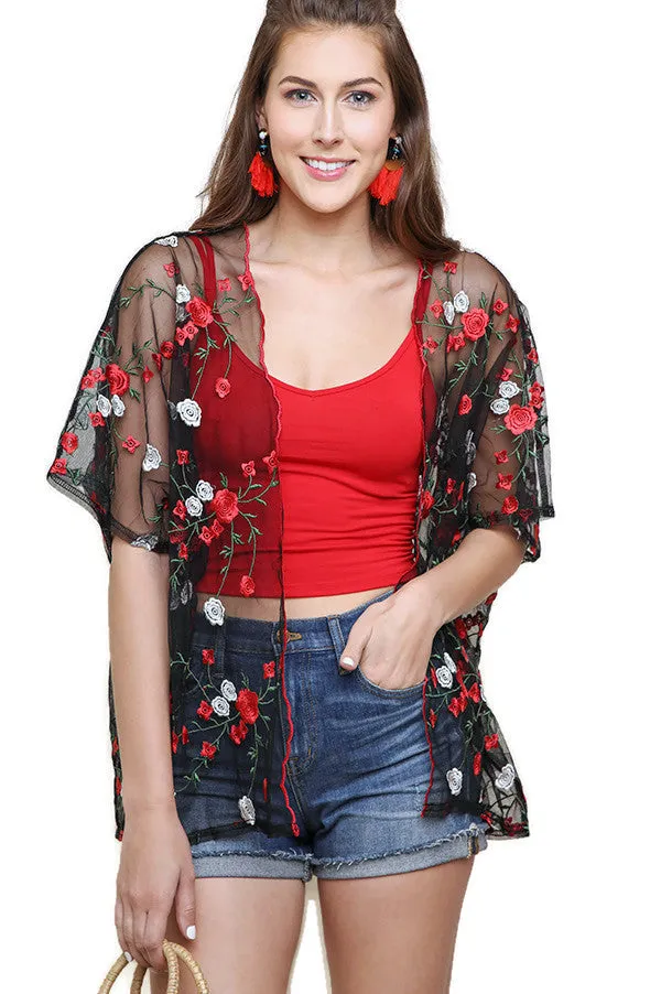 Floral Embroidered Sheer Kimono, Black