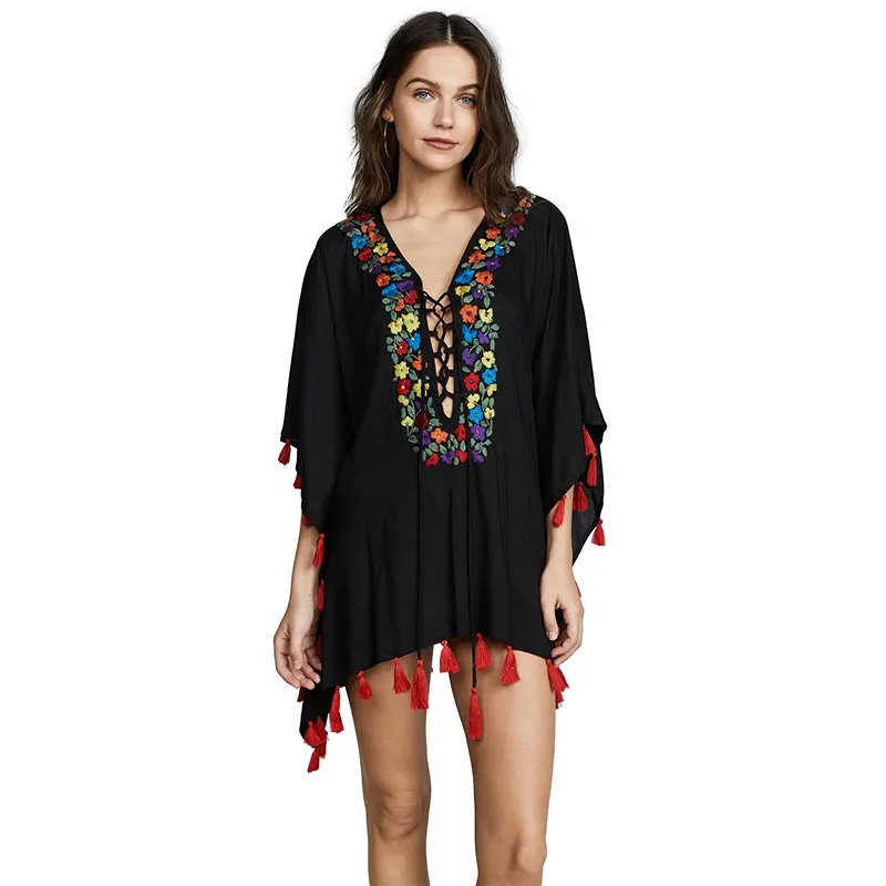 Floral Embroidery Lace Up Tunic #Lace #Tunic