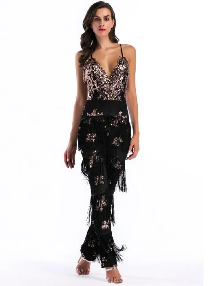 Fringed Sequined Spliced Jumpsuit