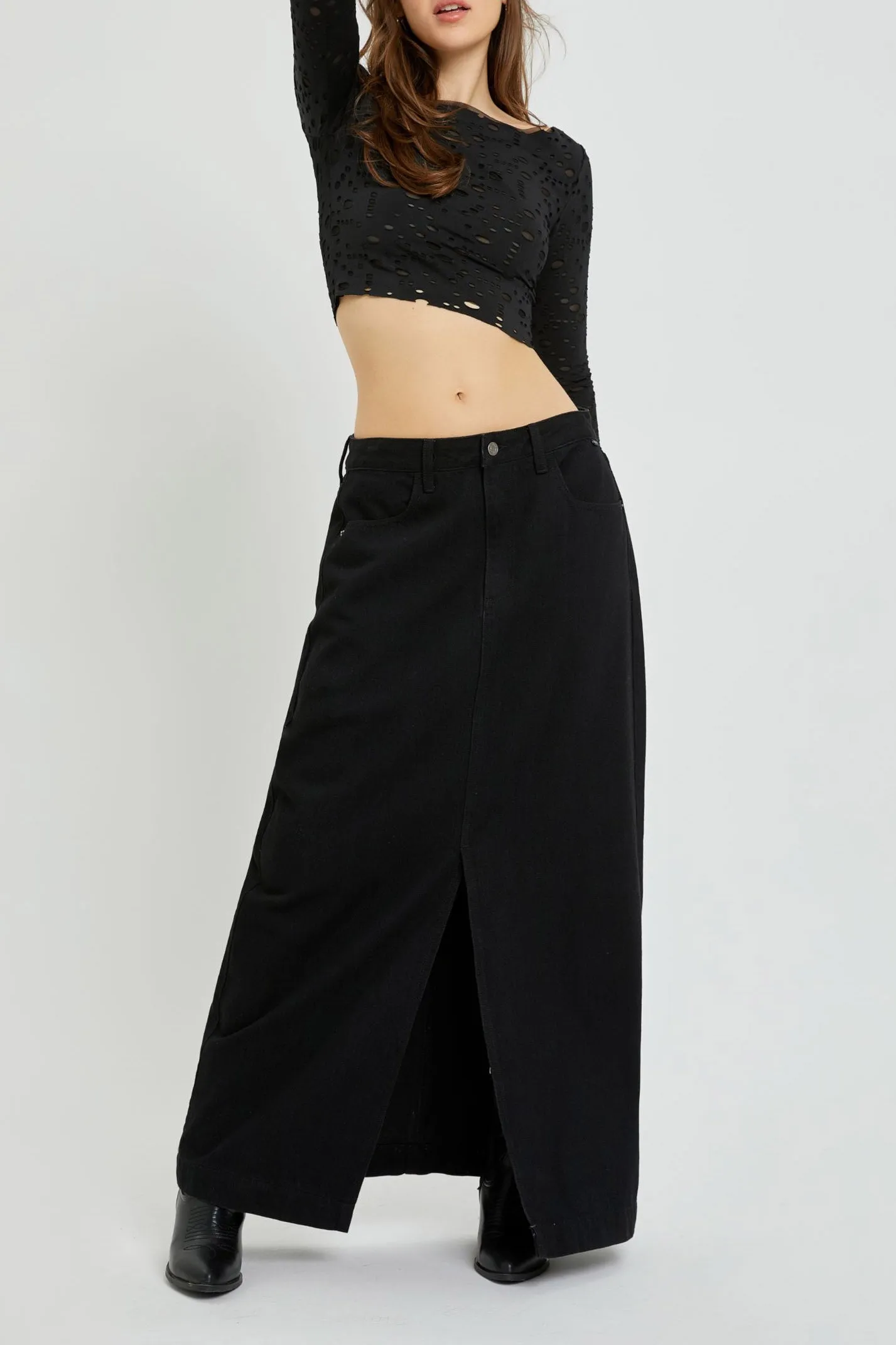 Front slit maxi denim skirt