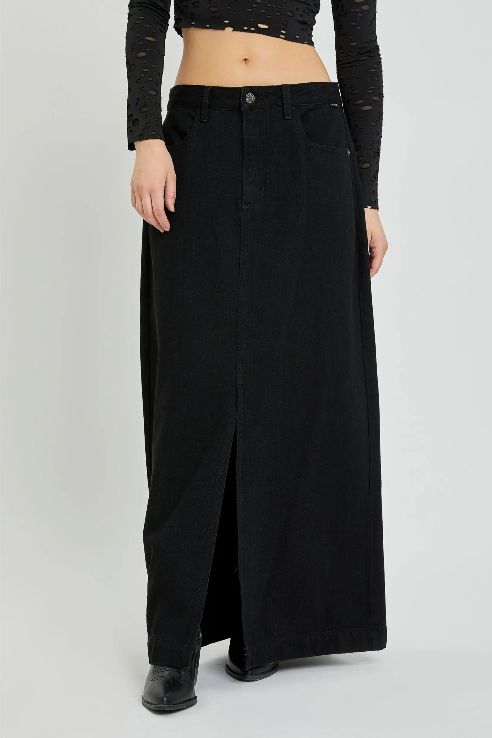 Front slit maxi denim skirt