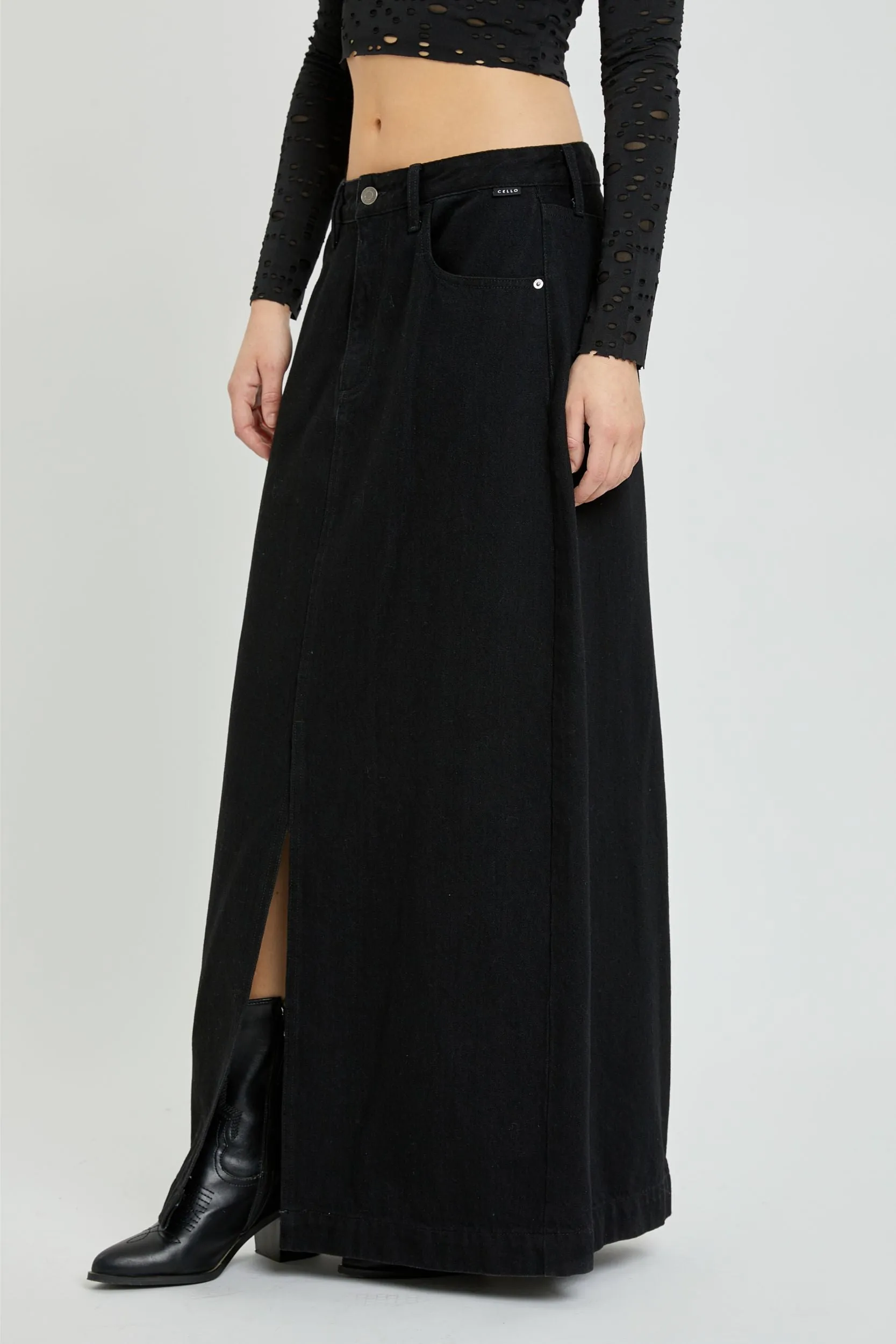 Front slit maxi denim skirt