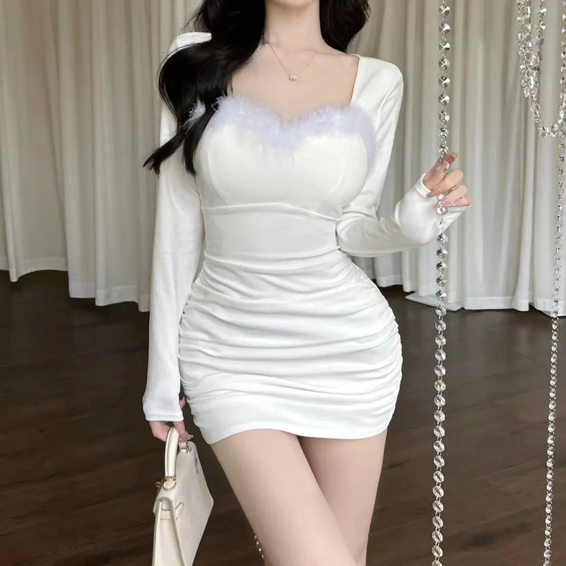 Fur Collar Paneled Long-Sleeved Bodycon Dress