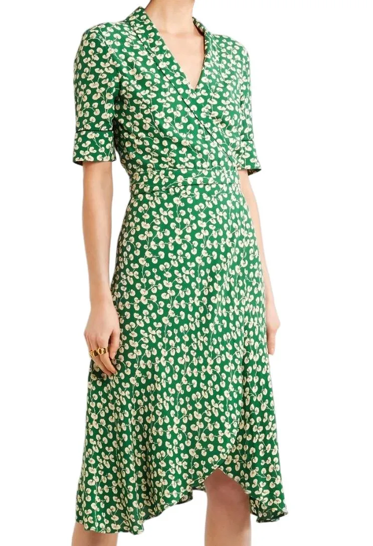GANNI Dalton Crepe Wrap Midi Dress | Green Floral, Sz 36/Small, Viscose, V Neck