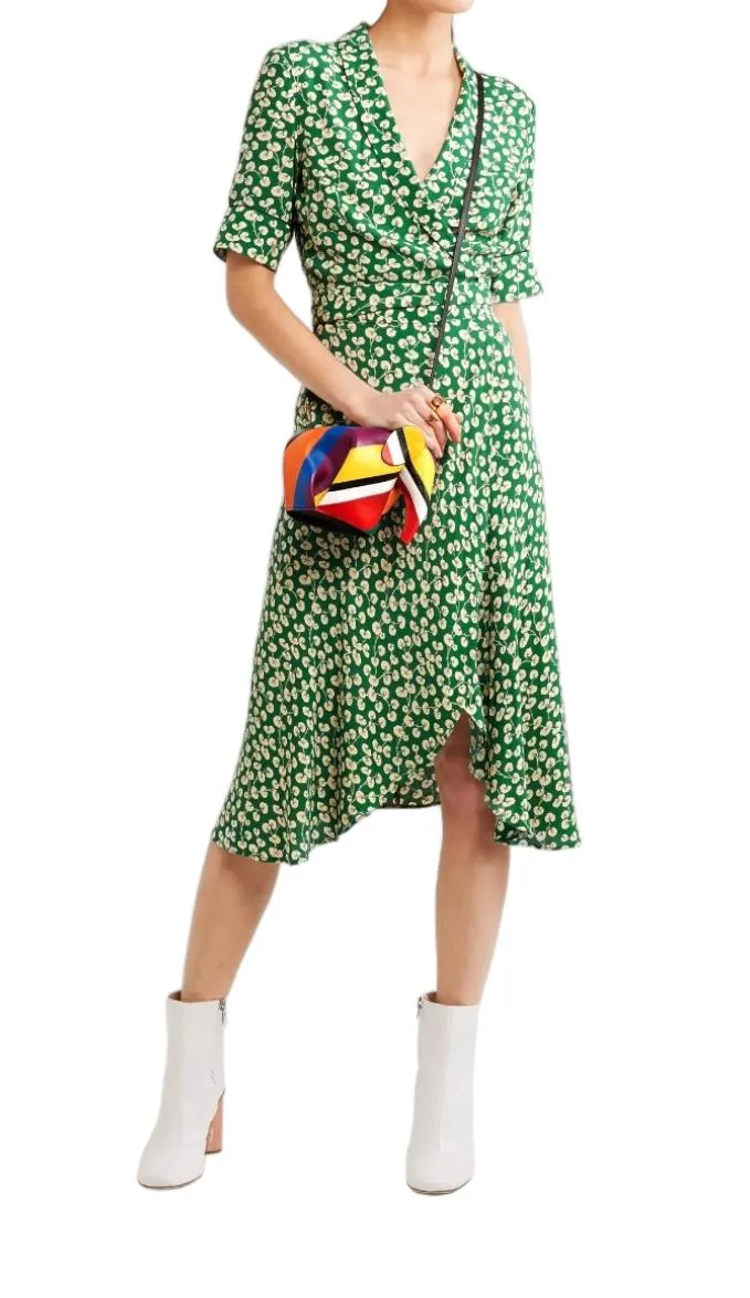 GANNI Dalton Crepe Wrap Midi Dress | Green Floral, Sz 36/Small, Viscose, V Neck