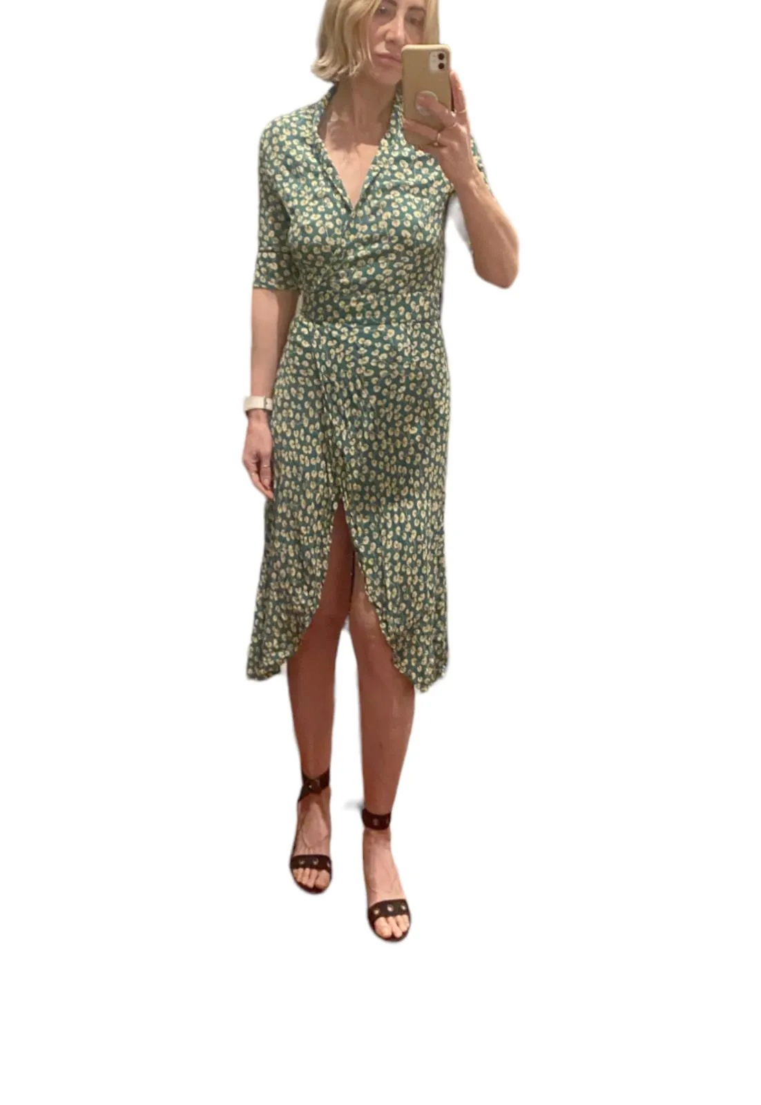 GANNI Dalton Crepe Wrap Midi Dress | Green Floral, Sz 36/Small, Viscose, V Neck