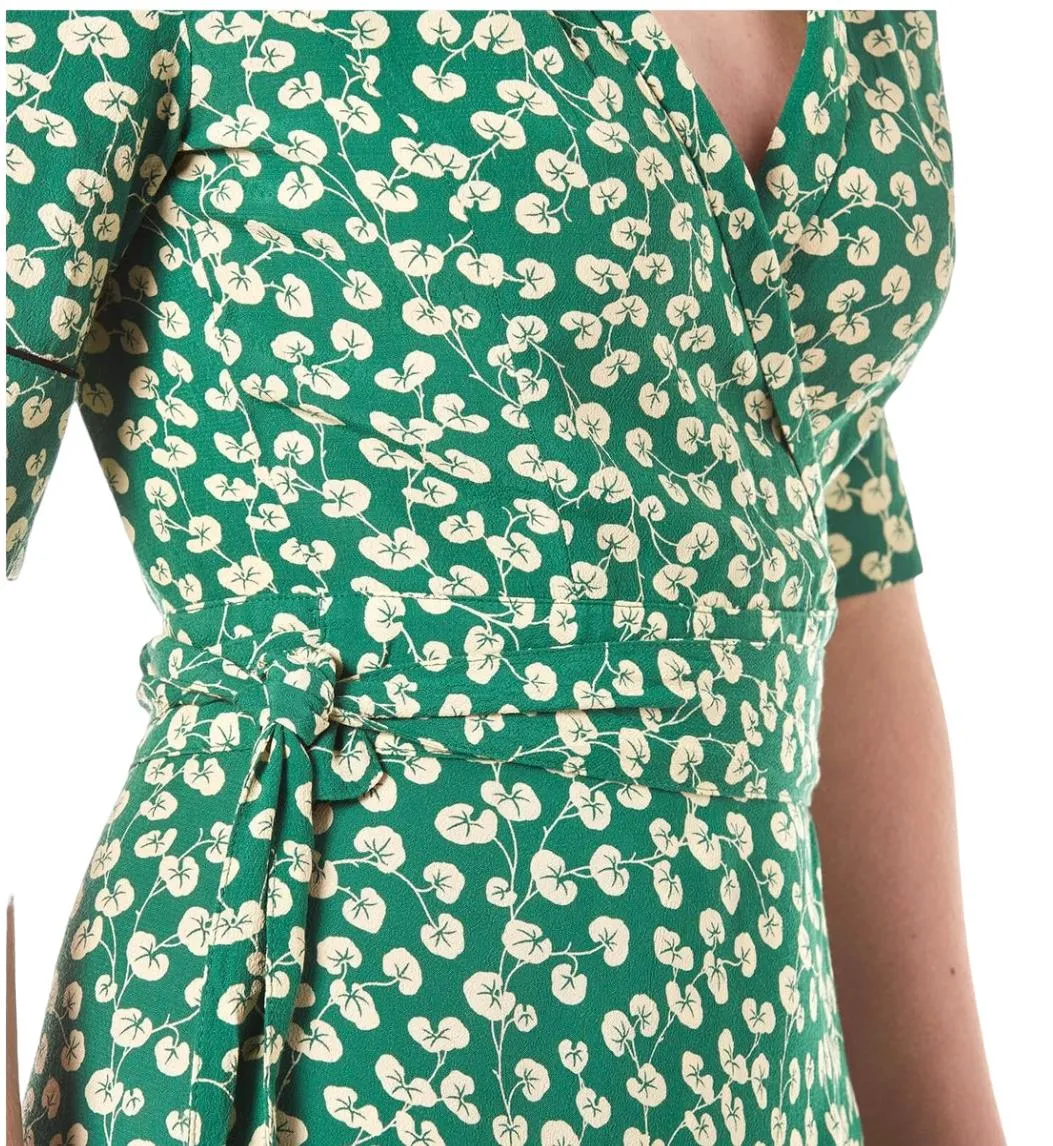 GANNI Dalton Crepe Wrap Midi Dress | Green Floral, Sz 36/Small, Viscose, V Neck