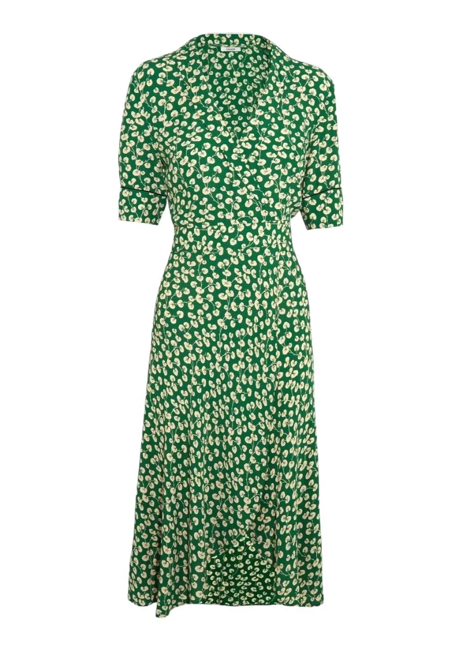 GANNI Dalton Crepe Wrap Midi Dress | Green Floral, Sz 36/Small, Viscose, V Neck
