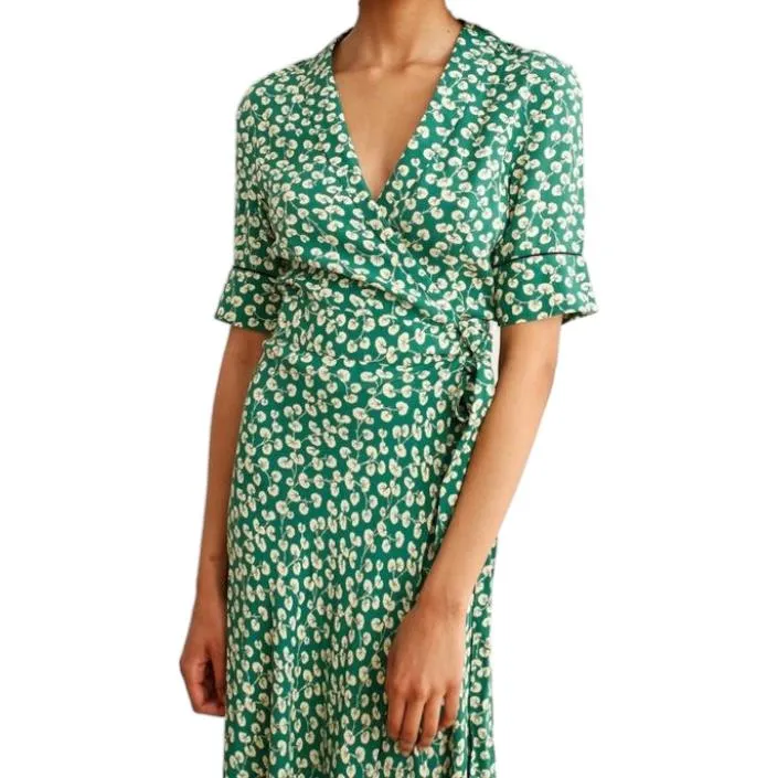GANNI Dalton Crepe Wrap Midi Dress | Green Floral, Sz 36/Small, Viscose, V Neck