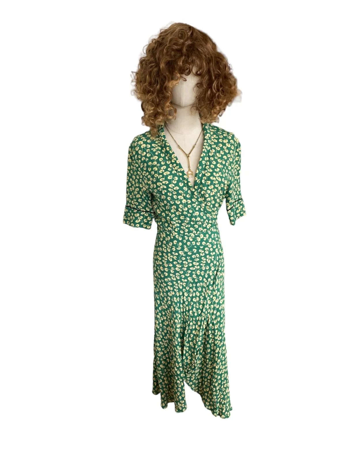 GANNI Dalton Crepe Wrap Midi Dress | Green Floral, Sz 36/Small, Viscose, V Neck